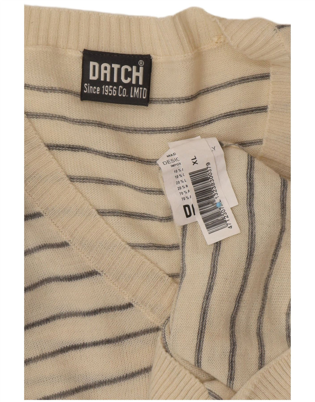 DATCH Herren-Pullover mit V-Ausschnitt, XL, gebrochenes Weiß, gestreift, Acryl