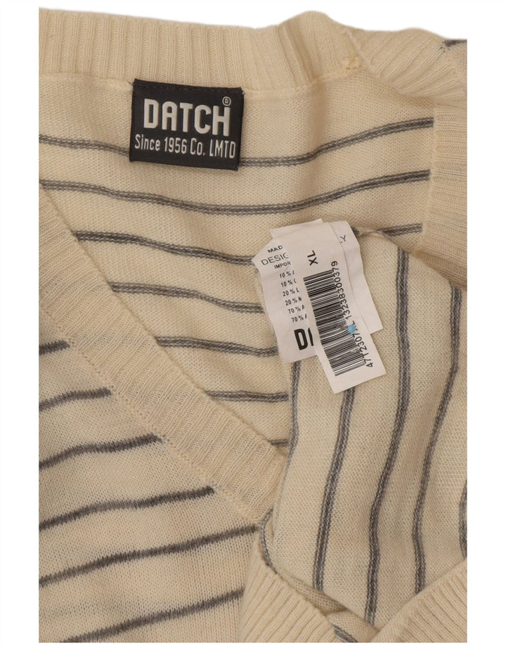 DATCH Herren-Pullover mit V-Ausschnitt, XL, gebrochenes Weiß, gestreift, Acryl