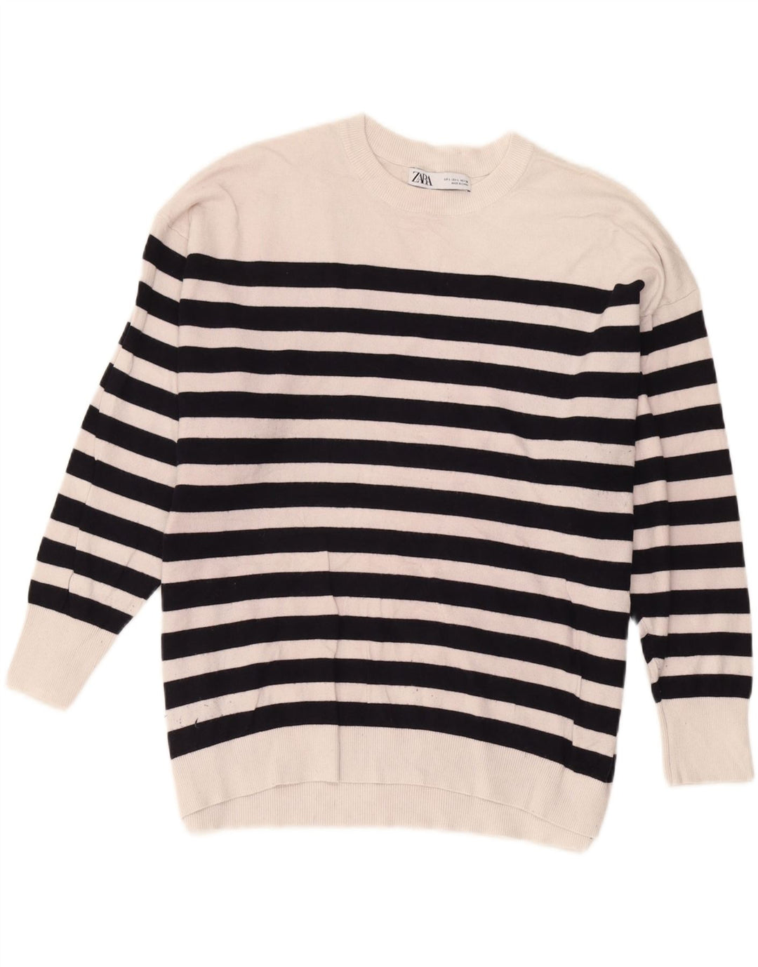 Zara Damen-Pullover, übergroß, Rundhalsausschnitt, Gr. 40, Größe L, weiß gestreift