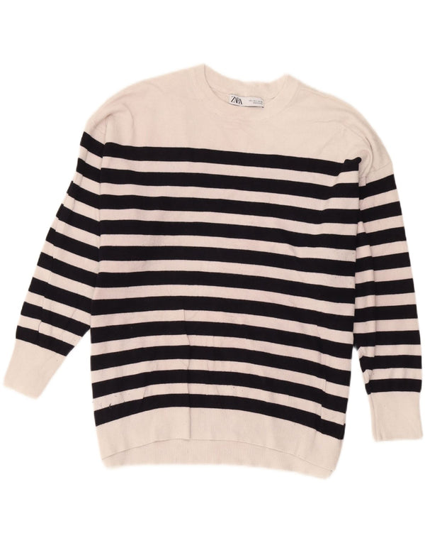 Zara Damen-Pullover, übergroß, Rundhalsausschnitt, Gr. 40, Größe L, weiß gestreift