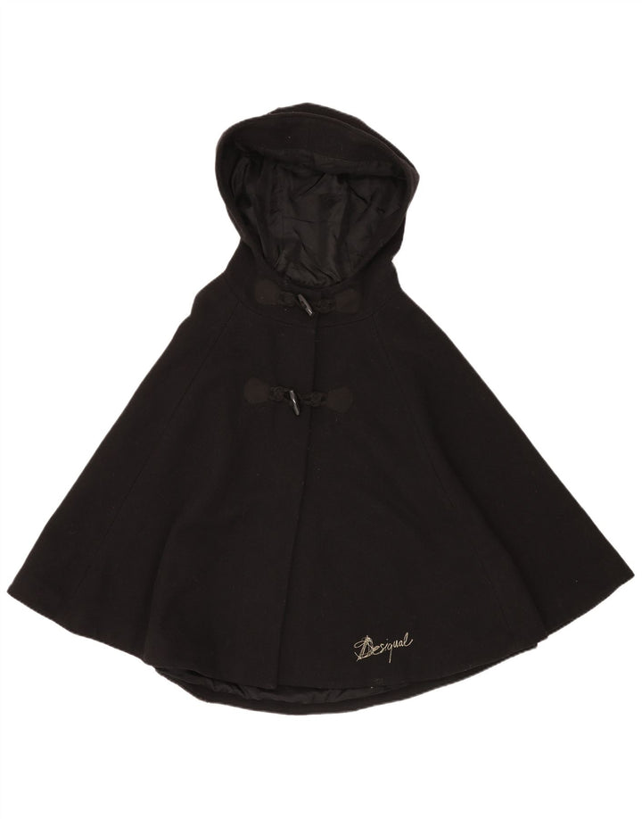 DESIGUAL Damen Cape-Mantel mit Kapuze, Einheitsgröße, schwarze Wolle mit Blumenmuster
