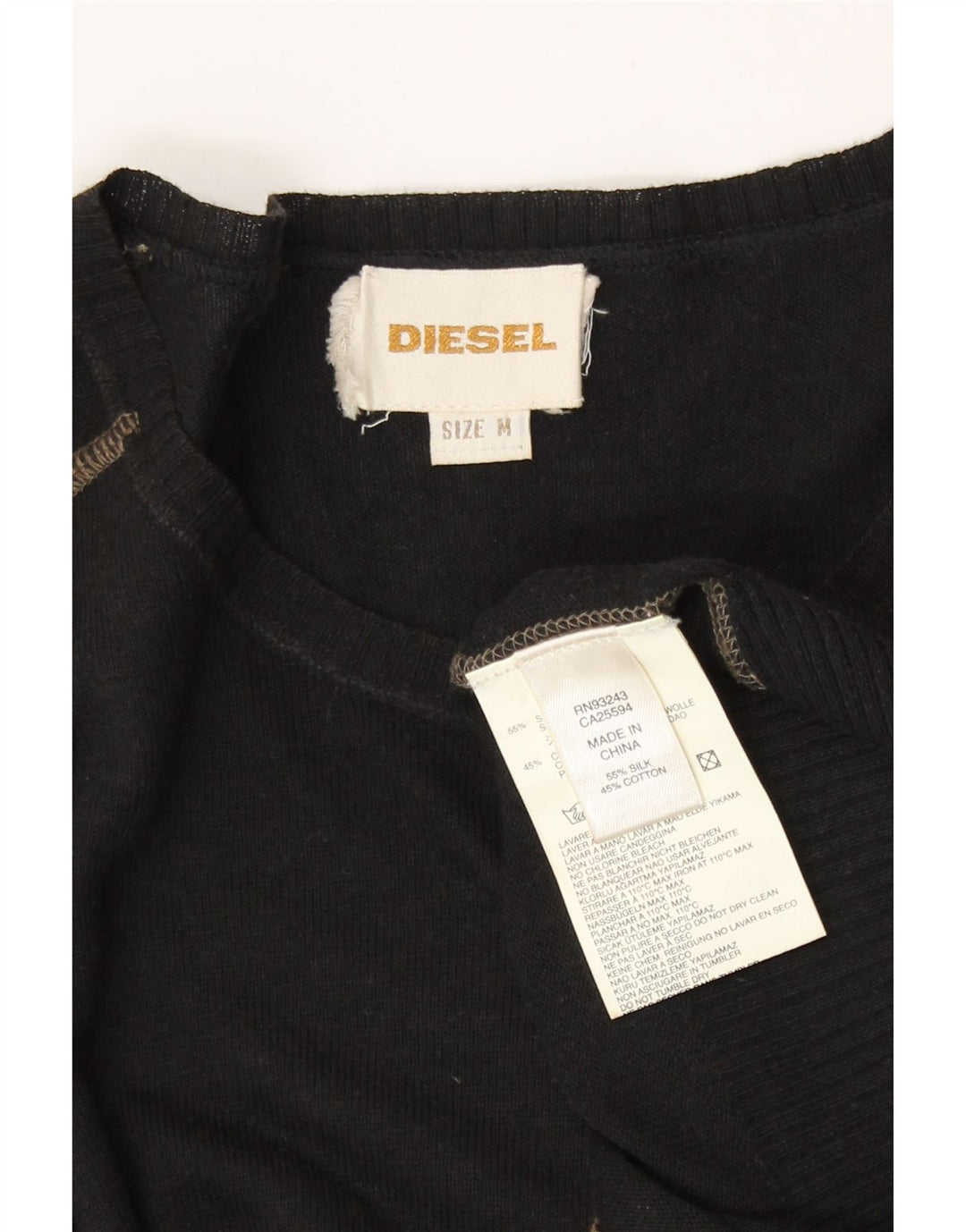 Diesel Herren-Pullover mit U-Boot-Ausschnitt, mittelschwarz, gestreift, Seide