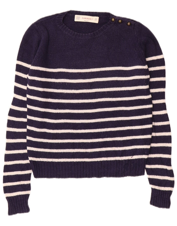 Zara Damen-Pullover mit U-Boot-Ausschnitt, Gr. 12, mittelmarineblau, gestreift, Baumwolle
