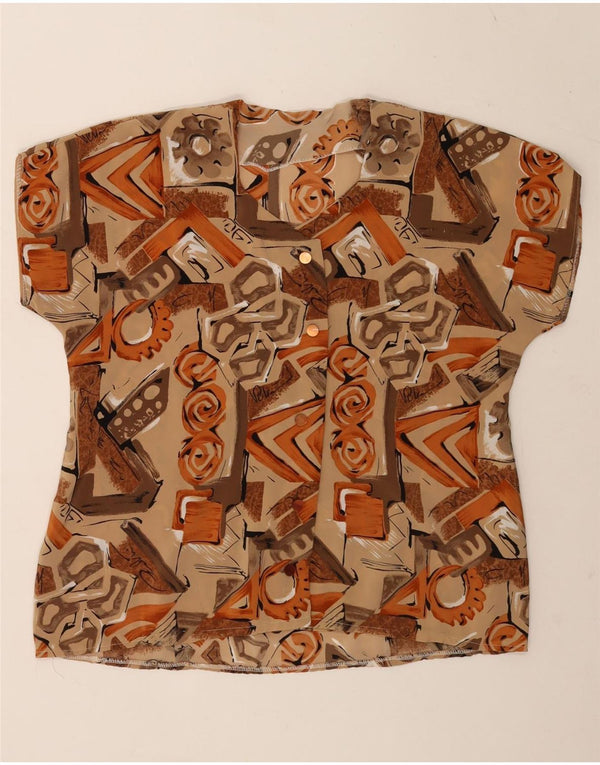Vintage Damen Kurzarm Bluse Top UK 14 Groß Beige Geometrisch