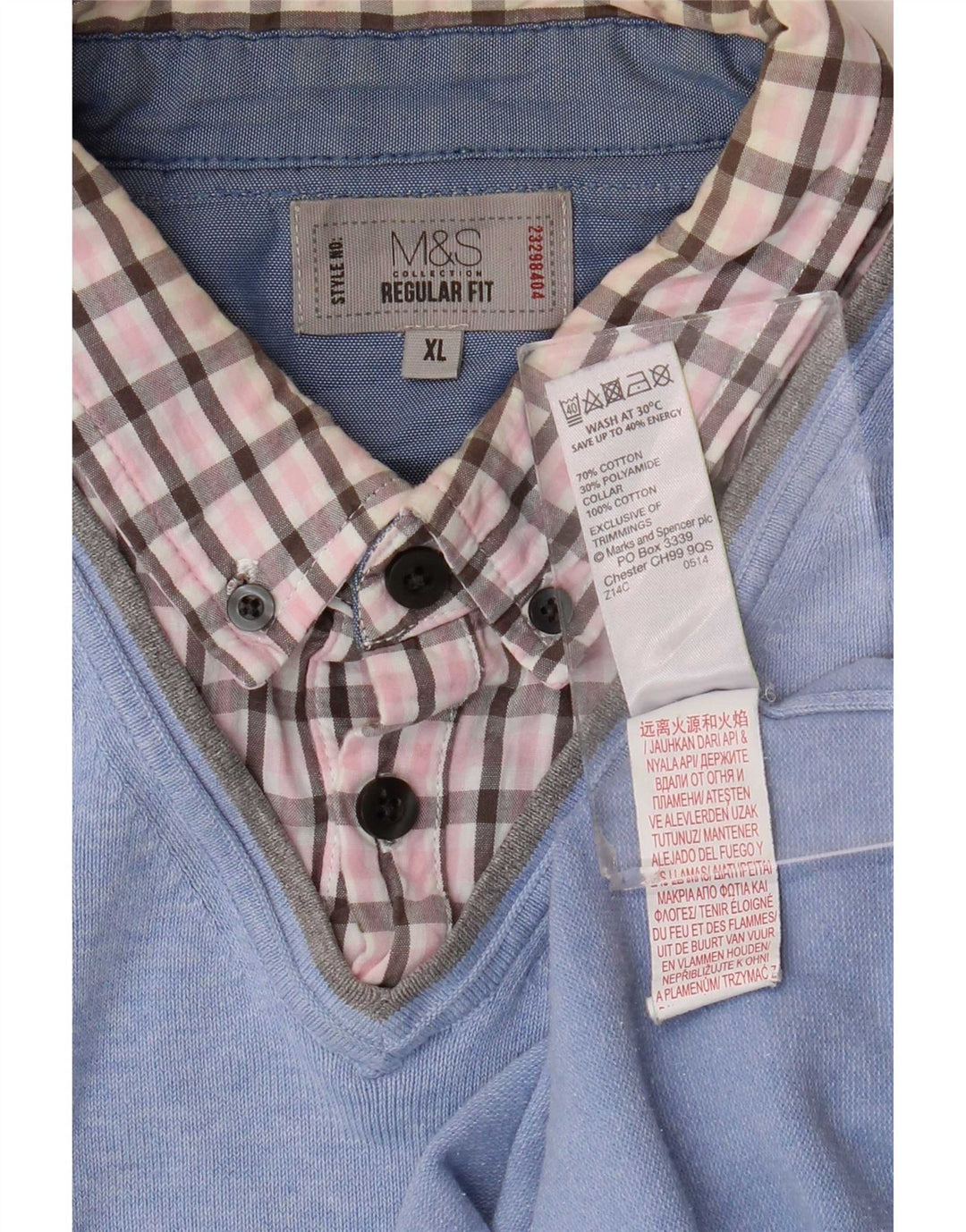 Marks & Spencer Herren-Pullover, reguläre Passform, V-Ausschnitt, XL, blau kariert, Baumwolle