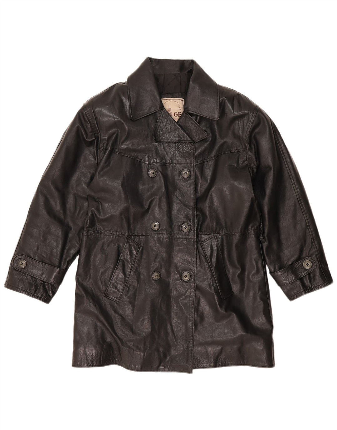 GF Womens Zweireihiger übergroßer Ledermantel UK 10 Small Schwarzes Leder