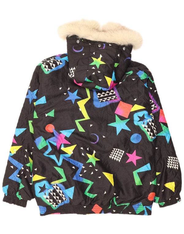 Vintage Damen Kapuzen-Windbreakerjacke UK 16 Large Schwarz Geometrisch