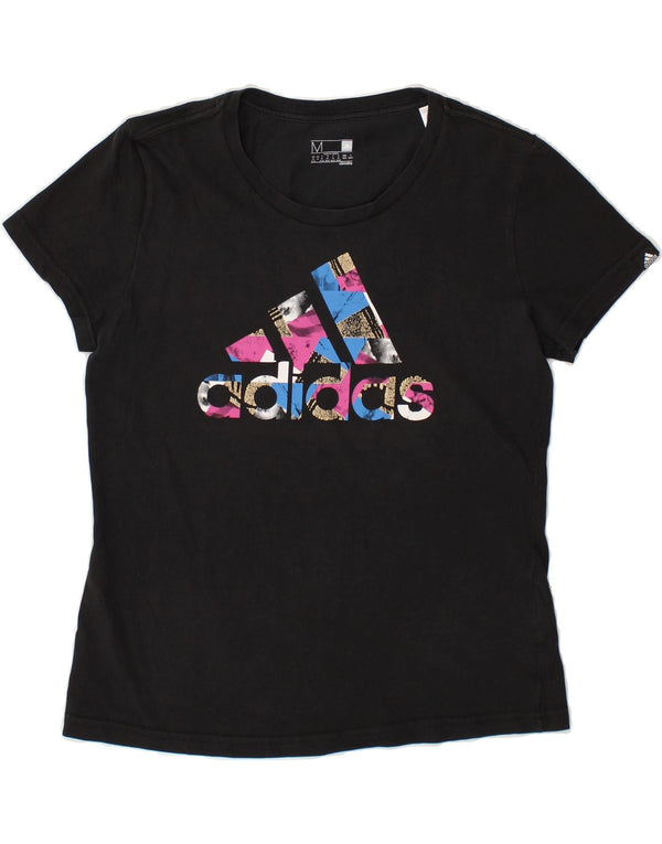 ADIDAS Damen Climalite Graphic T-Shirt Top UK 12/14 Mittelschwarze Baumwolle
