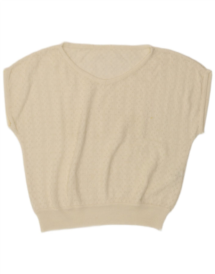 VINTAGE Damen Kurzarmpullover mit V-Ausschnitt IT 46 Large Weiß