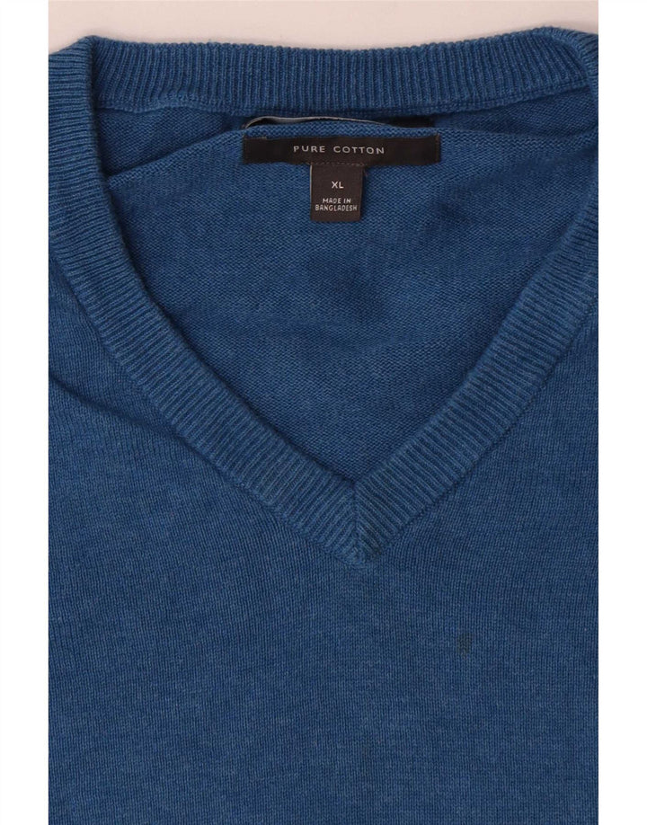 Marks & Spencer Herren-Pullover mit V-Ausschnitt, XL, blaue Baumwolle