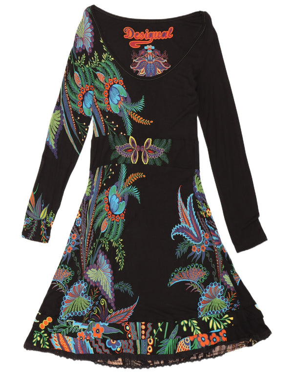 Desigual Damen Empire-Kleid mit langen Ärmeln, UK 12, Mittelschwarz, böhmisches Blumenmuster