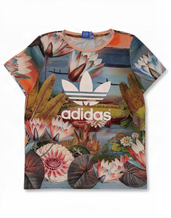 Adidas Damen Grafik T-Shirt Top UK 12 Medium Mehrfarbig Blumen