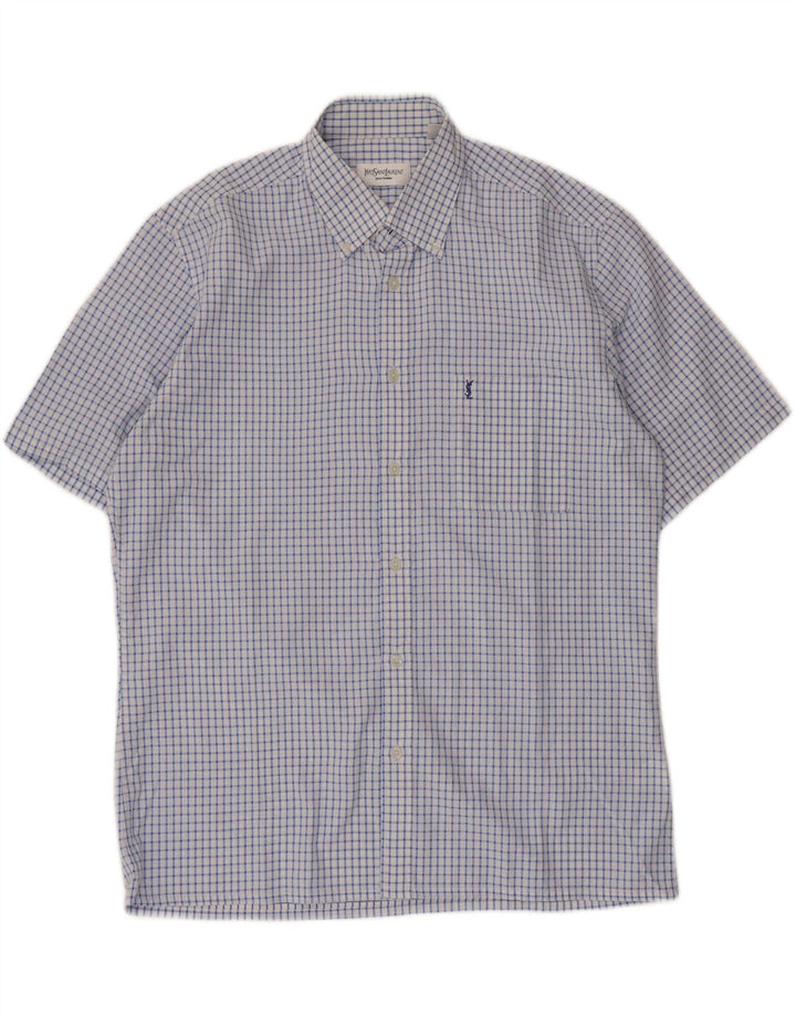 Yves Saint Laurent Herren-Kurzarmhemd, groß, blau kariert, Polyester