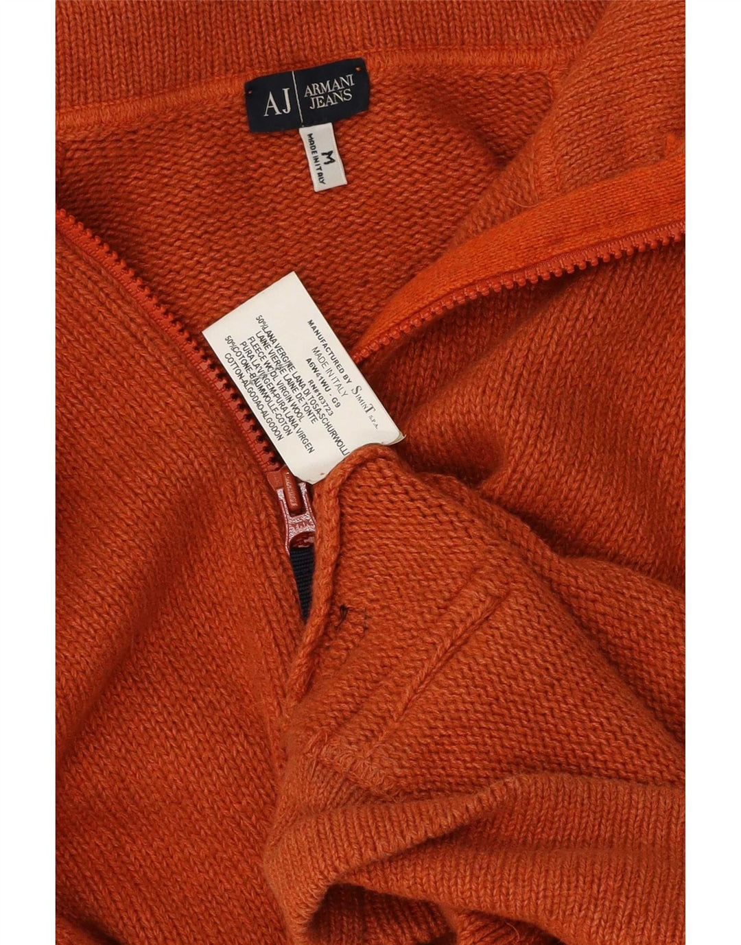 Armani Jeans Herren-Strickjacke mit Kapuze, mittelorangefarbene Colourblock-Wolle
