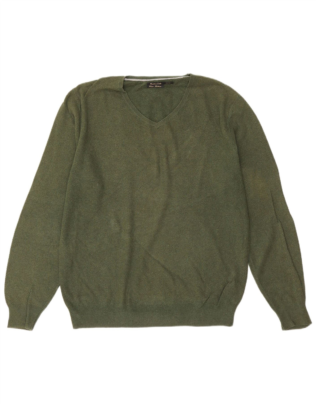 Massimo Dutti Herren-Pullover mit V-Ausschnitt, groß, grüne Baumwolle