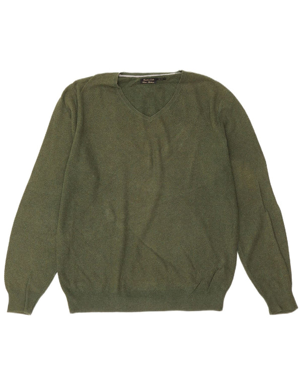 Massimo Dutti Herren-Pullover mit V-Ausschnitt, groß, grüne Baumwolle