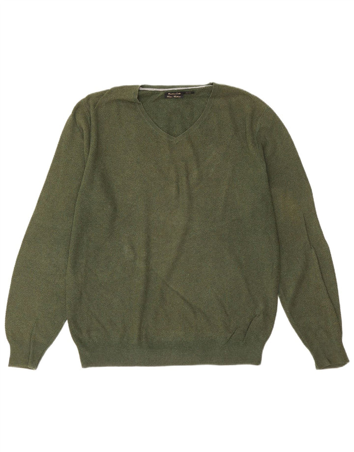 Massimo Dutti Herren-Pullover mit V-Ausschnitt, groß, grüne Baumwolle