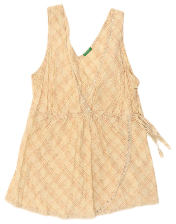 Benetton Ärmelloses Damen-Blusenoberteil, UK-Größe 44, Größe L, beige, karierte Baumwolle