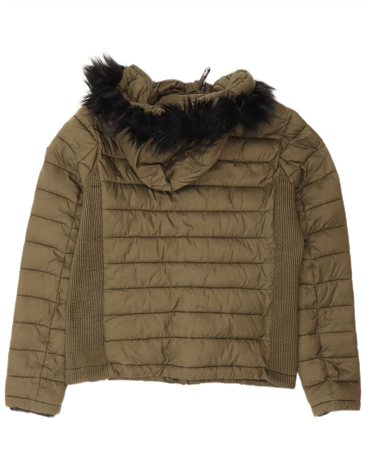 Superdry Wattierte Jacke mit Kapuze für Damen, UK 14, Größe L, grünes Nylon