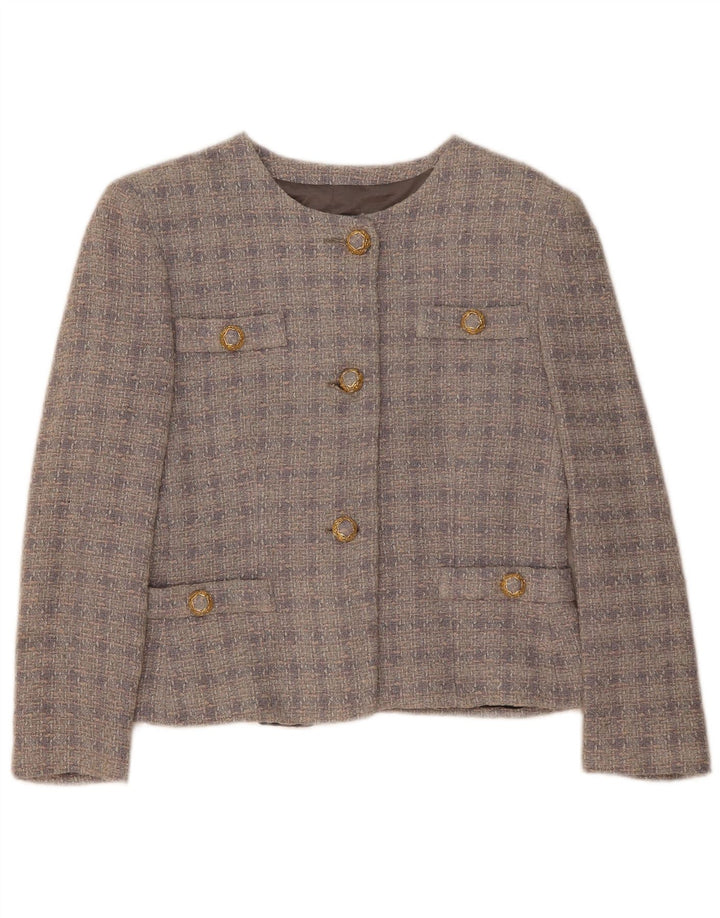 Vintage Damen 3-Knopf-Blazer-Jacke IT 42 Mittelgrau karierte Wolle