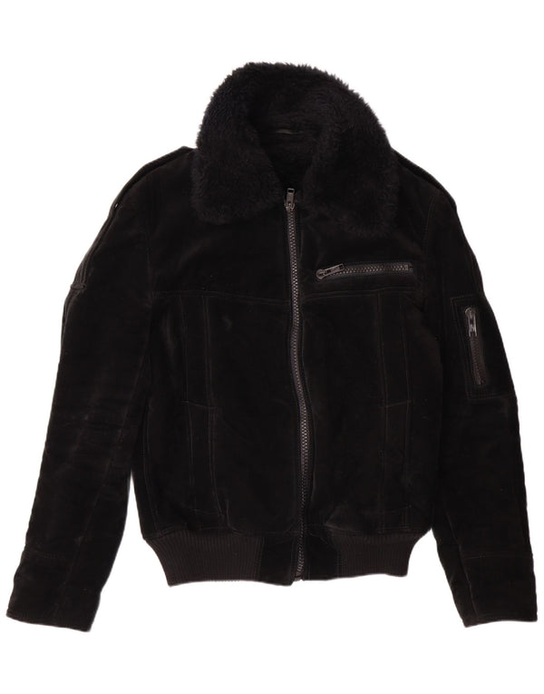 VINTAGE Damen Sherpa Jacke UK 12 Mittelschwarze Viskose