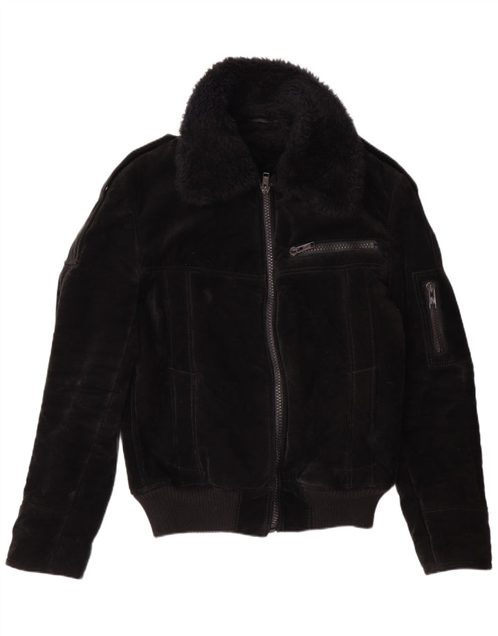 VINTAGE Damen Sherpa Jacke UK 12 Mittelschwarze Viskose