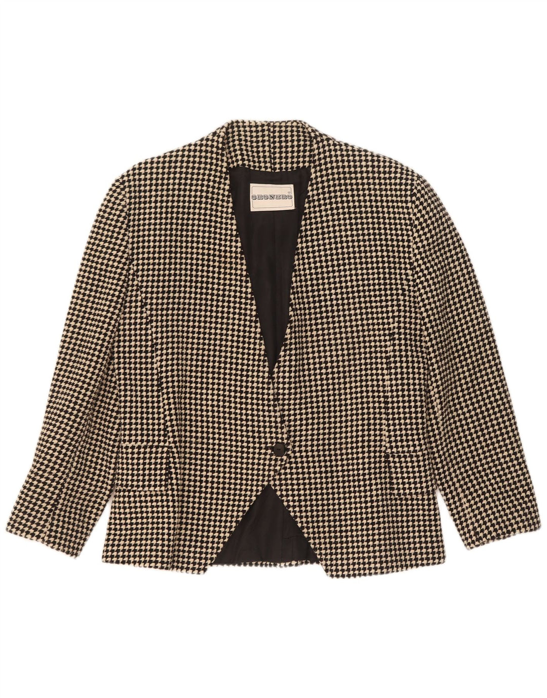Vintage Damen 1 Knopf Blazer Jacke UK 14 Mittelschwarze Hahnentrittwolle