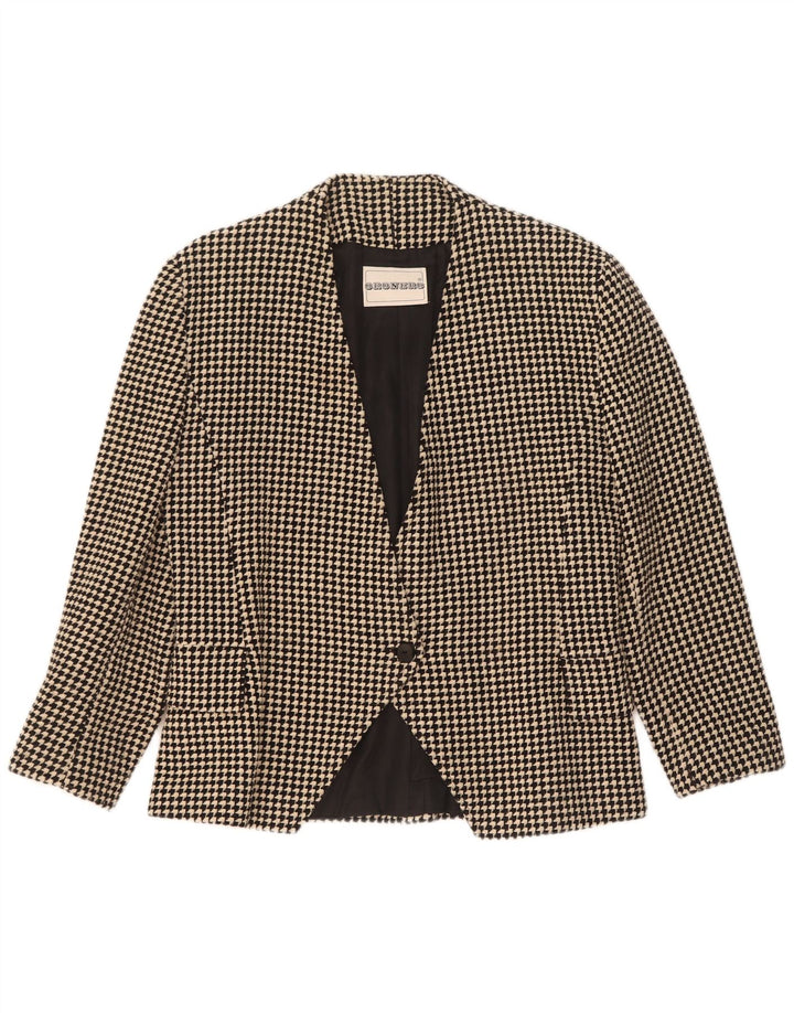 Vintage Damen 1 Knopf Blazer Jacke UK 14 Mittelschwarze Hahnentrittwolle