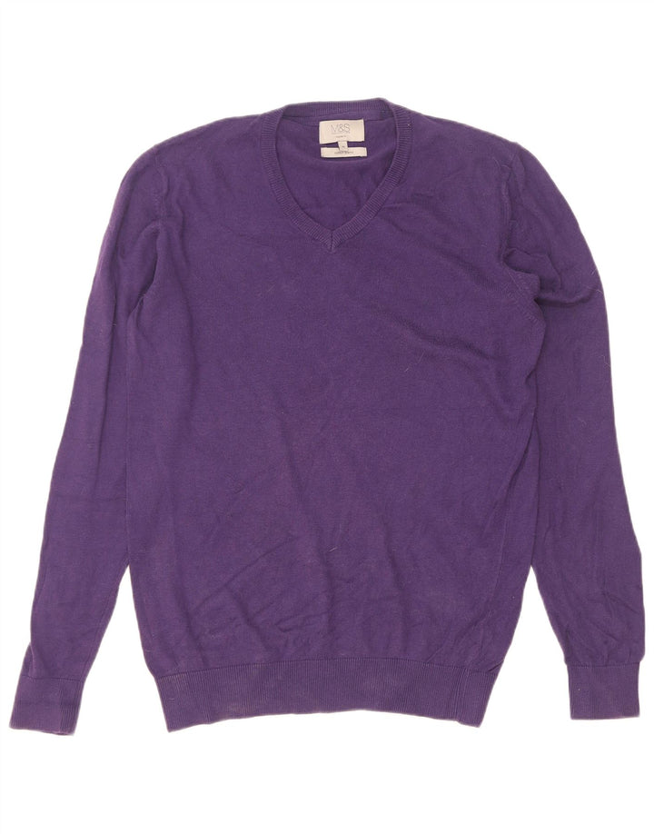 Marks & Spencer Herren-Pullover mit normaler Passform und V-Ausschnitt aus mittelvioletter Baumwolle