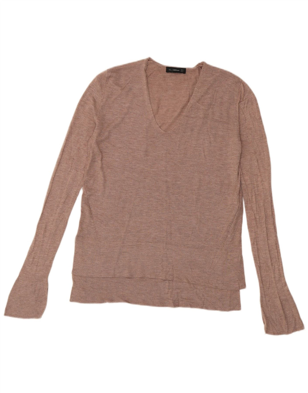 ZARA Damen Langer, übergroßer Pullover mit V-Ausschnitt, Gr. 6, XS, braune Viskose