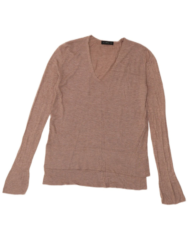ZARA Damen Langer, übergroßer Pullover mit V-Ausschnitt, Gr. 6, XS, braune Viskose