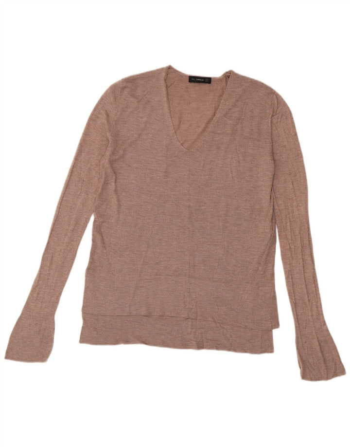 ZARA Damen Langer, übergroßer Pullover mit V-Ausschnitt, Gr. 6, XS, braune Viskose