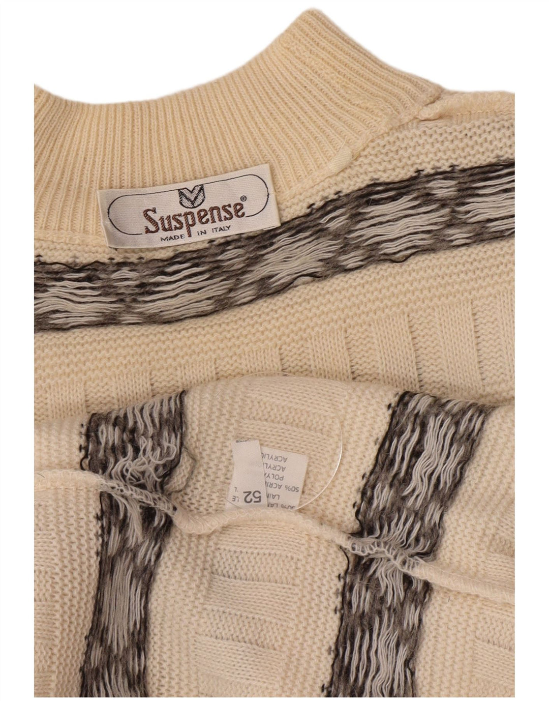 Suspense Herren-Pullover mit Rollkragen, IT 52, große, cremefarbene, gestreifte Wolle