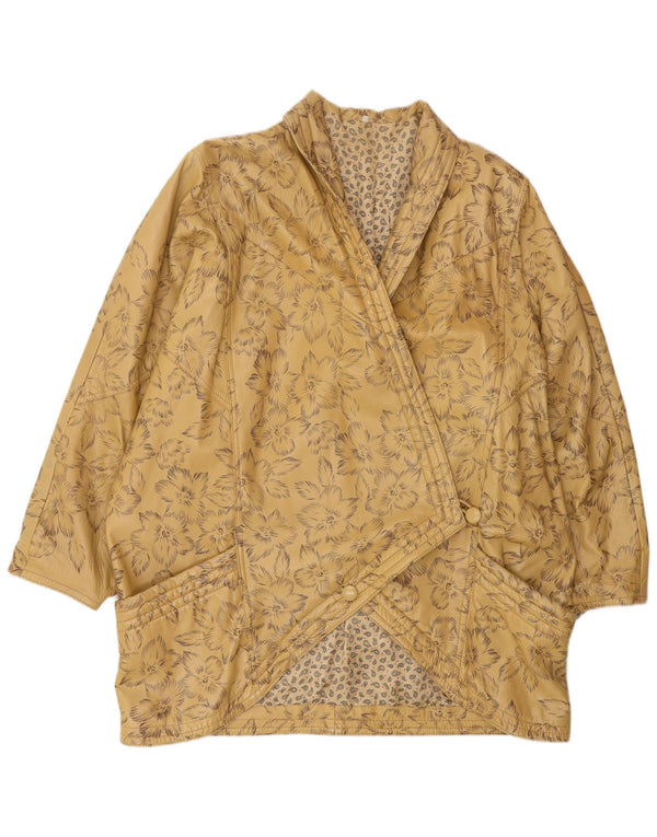 VINTAGE Damen Übergroßer Ledermantel EU 44 XL Beige geblümt