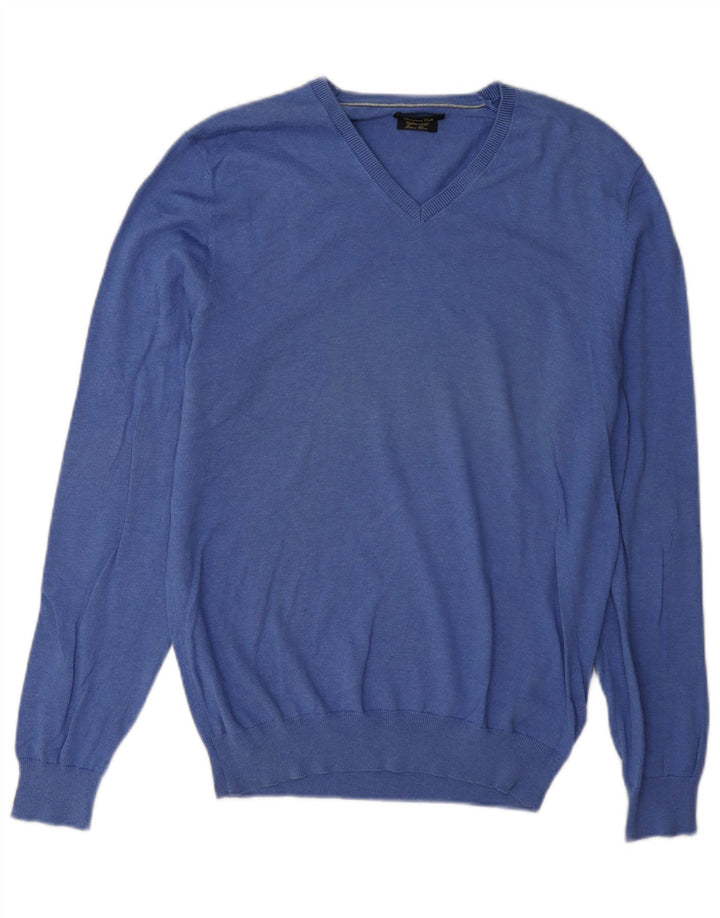 Massimo Dutti Herren-Pullover mit V-Ausschnitt aus mittelblauer Baumwolle