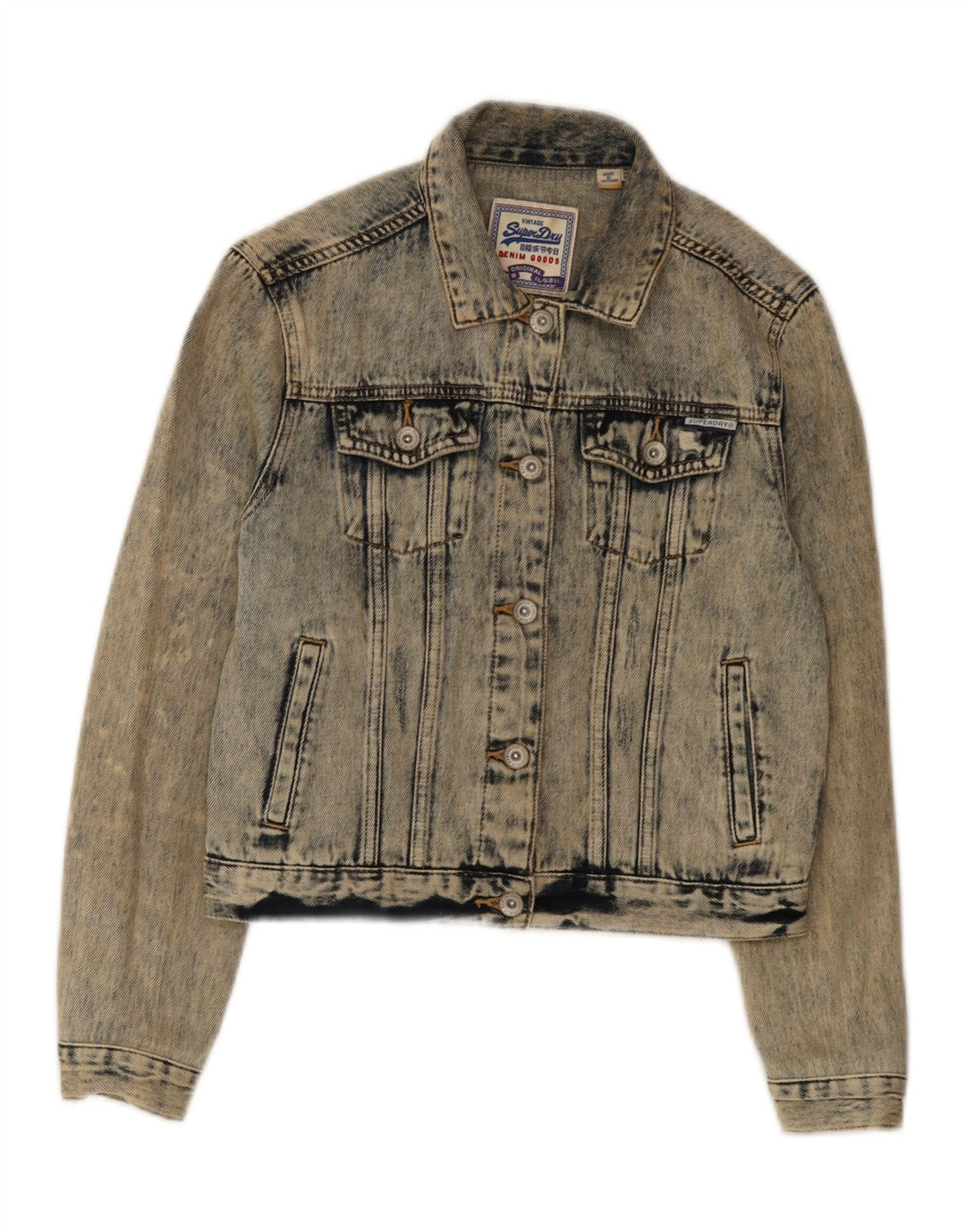 Superdry Damen Crop Distressed Acid Wash Jeansjacke UK 8 Small Blau
