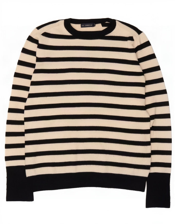 Zara Damen-Pullover mit Rundhalsausschnitt, Gr. 44, groß, weiß gestreift