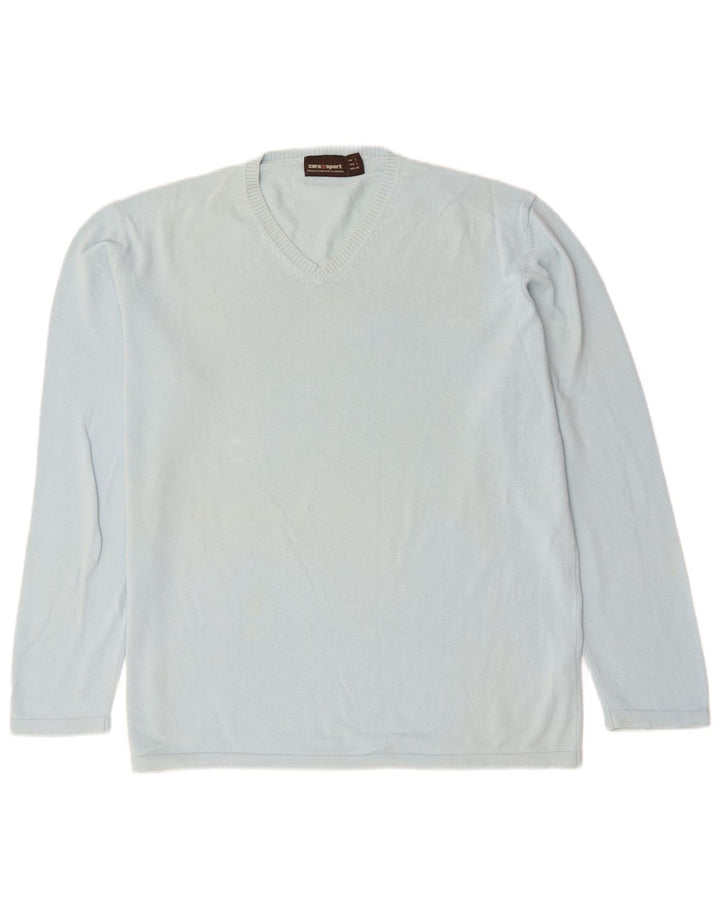 Zara Herren-Pullover mit V-Ausschnitt, groß, aus blauer Baumwolle