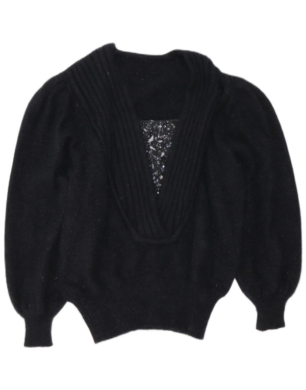 Vintage Damen V-Ausschnitt Pullover Pullover UK 16 Large Black Angora