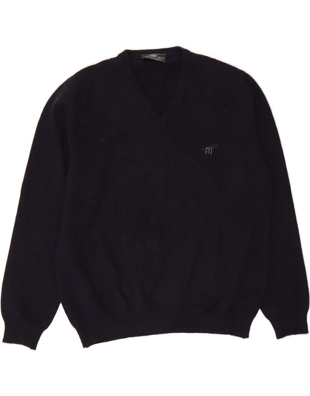HENRY COTTONS Mens V-Neck Jumper Sweater XL Navy Blue Wool Vintage Henry Cottons and Second-Hand Henry Cottons from Messina Hembry 