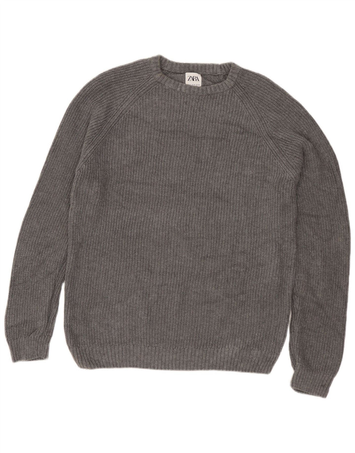 Zara Herren-Pullover mit U-Boot-Ausschnitt, mittelgraue Baumwolle