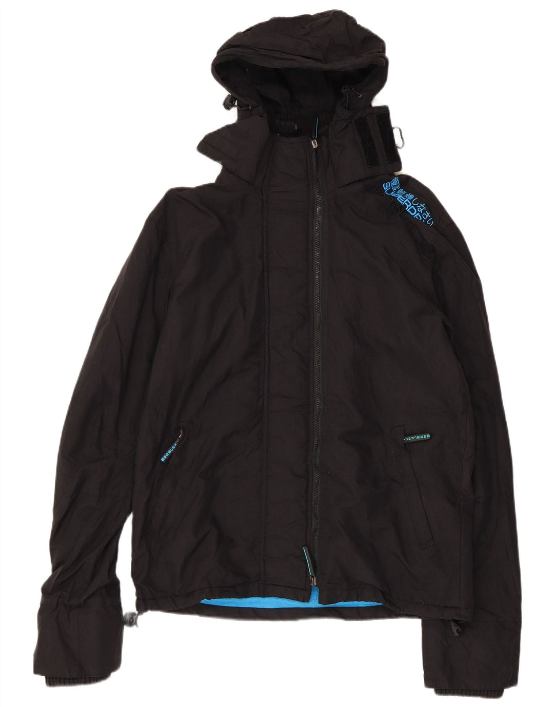 SUPERDRY Damen-Windbreakerjacke mit Kapuze, UK 16, Größe L, schwarzes Nylon