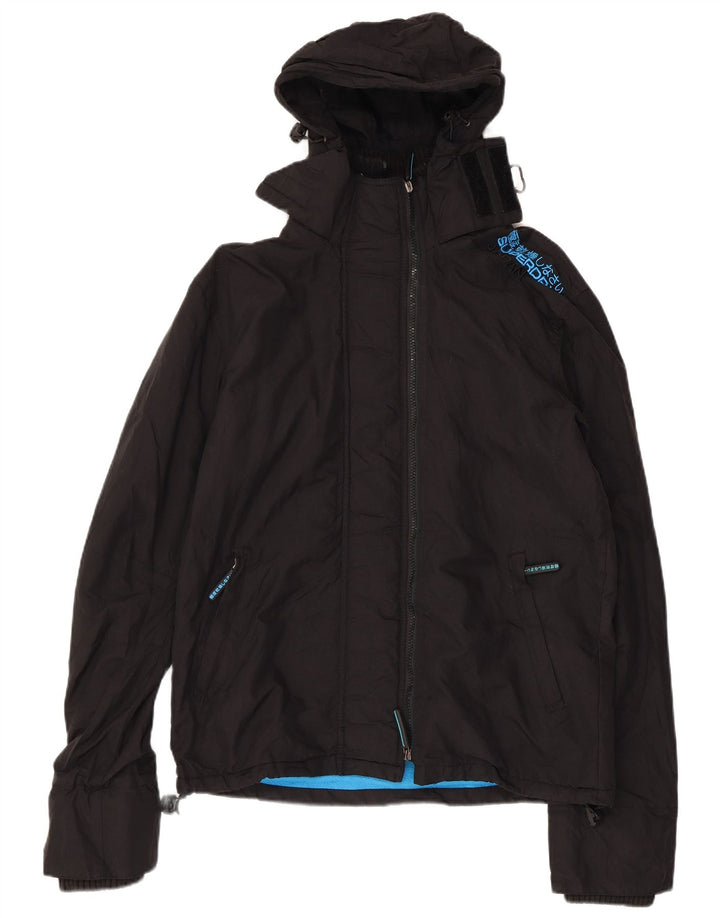 SUPERDRY Damen-Windbreakerjacke mit Kapuze, UK 16, Größe L, schwarzes Nylon