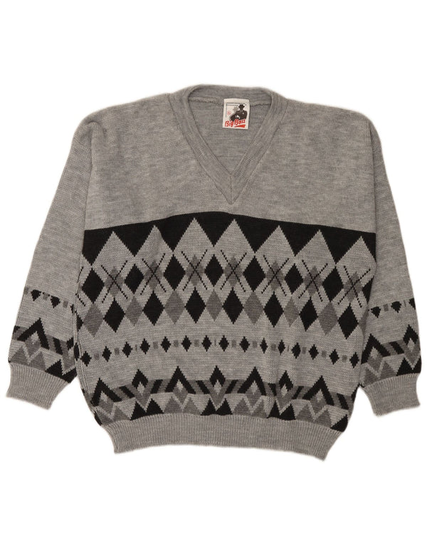 Vintage Herren V-Ausschnitt Pullover XL Grau Argyle/Diamant Acryl