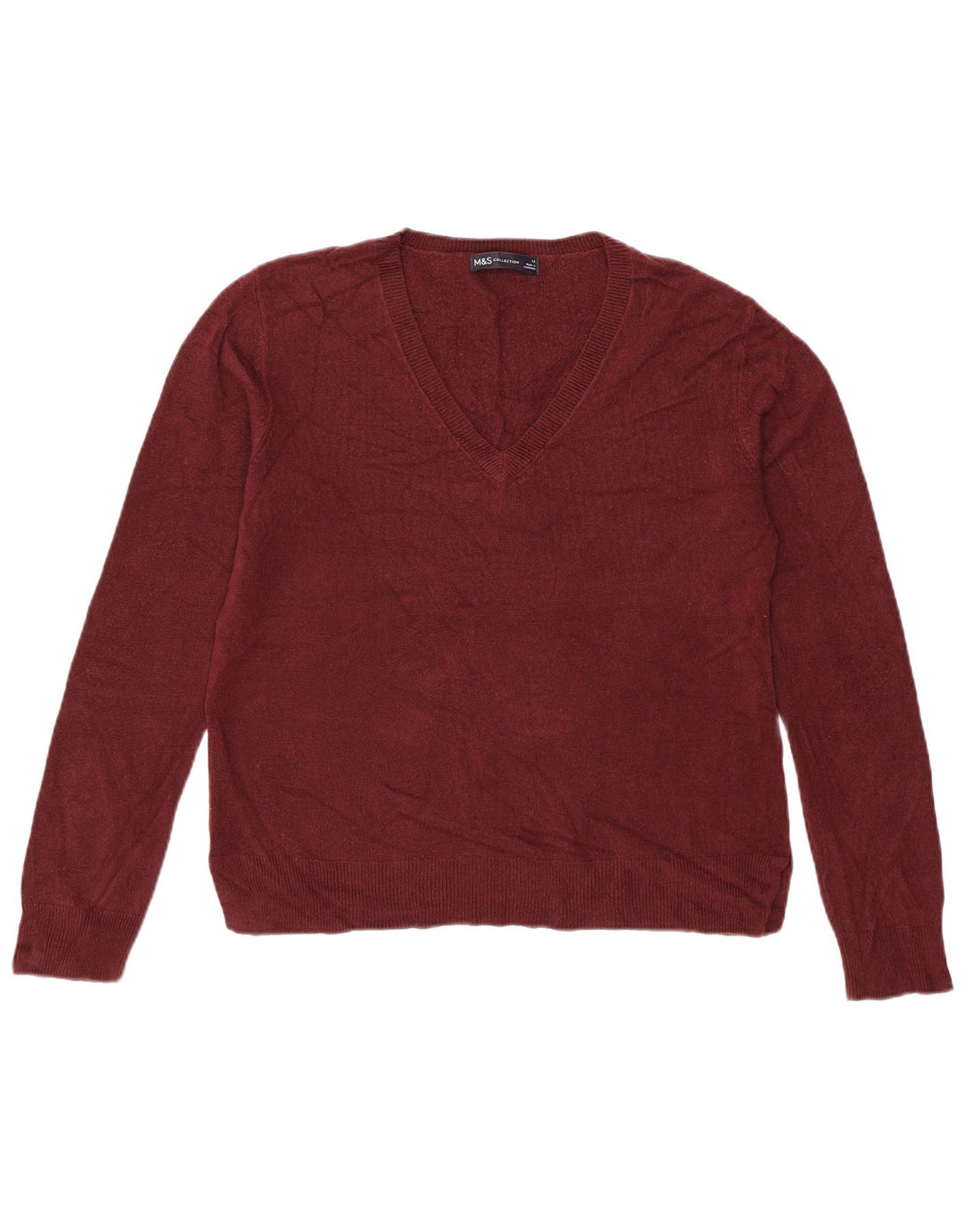 MARKS & SPENCER Womens Crop V-Neck Jumper Sweater UK 12 Medium Burgundy