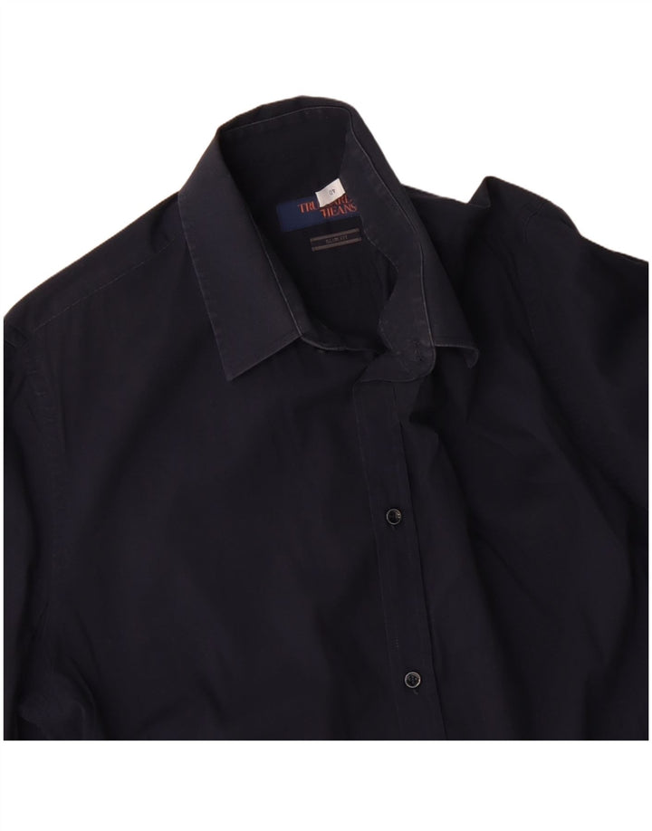 TRUSSARDI JEANS Mens Slim Fit Shirt Size 40 Medium Navy Blue Cotton