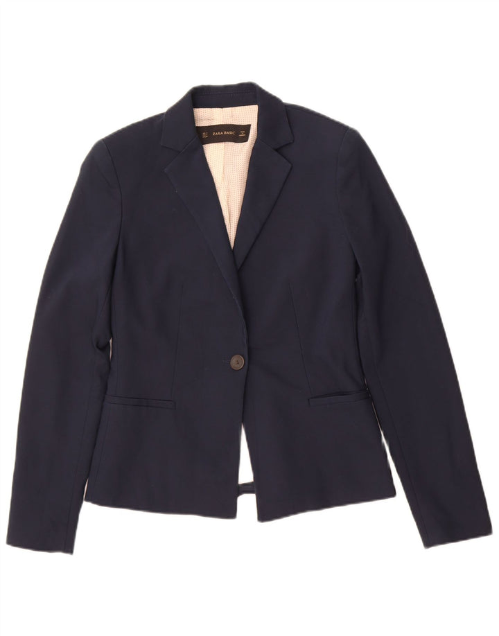 Zara Damen 1-Knopf-Blazerjacke UK 10 Small Marineblaue Baumwolle