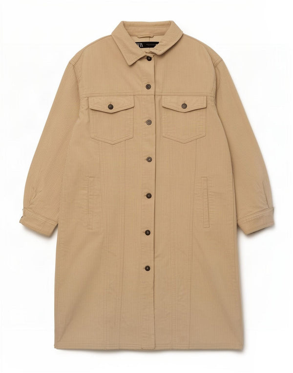 Zara Damen Cordmantel UK 14 Mittelbeige Baumwolle