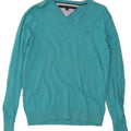 TOMMY HILFIGER Mens V-Neck Jumper Sweater Medium Blue Cotton Vintage Tommy Hilfiger and Second-Hand Tommy Hilfiger from Messina Hembry 