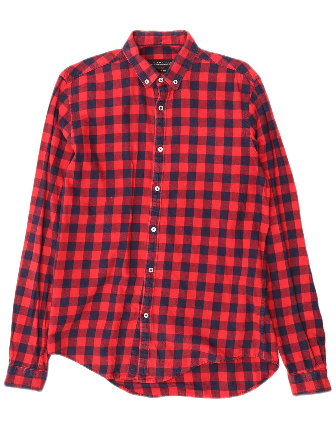 Zara Slim Fit Flanellhemd für Herren aus mittelroter Gingham-Baumwolle